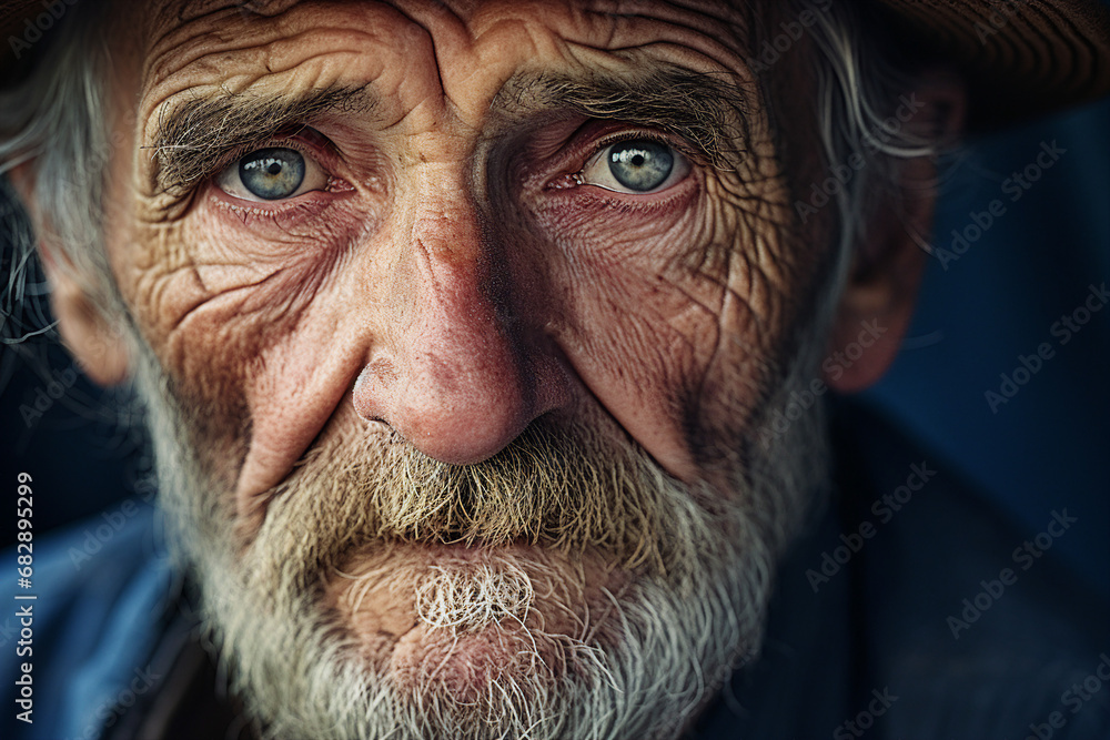 Close up generated ai picture of old elderly upset unhappy man with a wrinkled face living alone Close up generated ai picture of old elderly upset unhappy man with a wrinkled face living alone