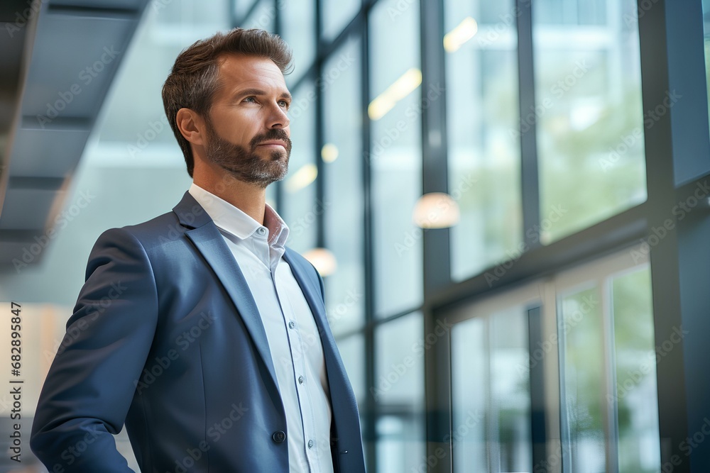 Confident business man leader looking away standing in office hallway. Professional businessman manager executive, male investor or entrepreneur thinking of future success. generative AI Confident business man leader looking away standing in office hallway. Professional businessman manager executive, male investor or entrepreneur thinking of future success. generative AI