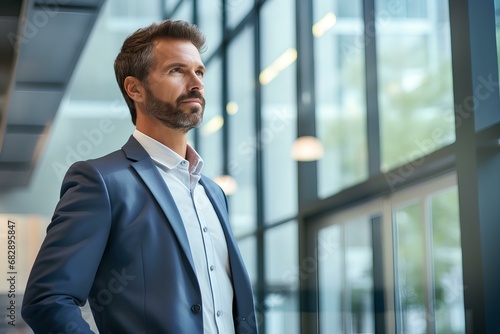 Confident business man leader looking away standing in office hallway. Professional businessman manager executive, male investor or entrepreneur thinking of future success. generative AI