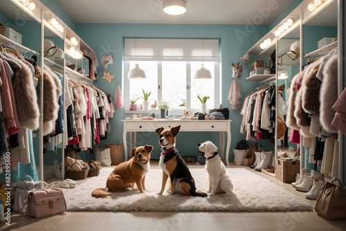 Dressing room where cats and dogs awaiting for make-up for a fashion parade event on the pet's day. photo