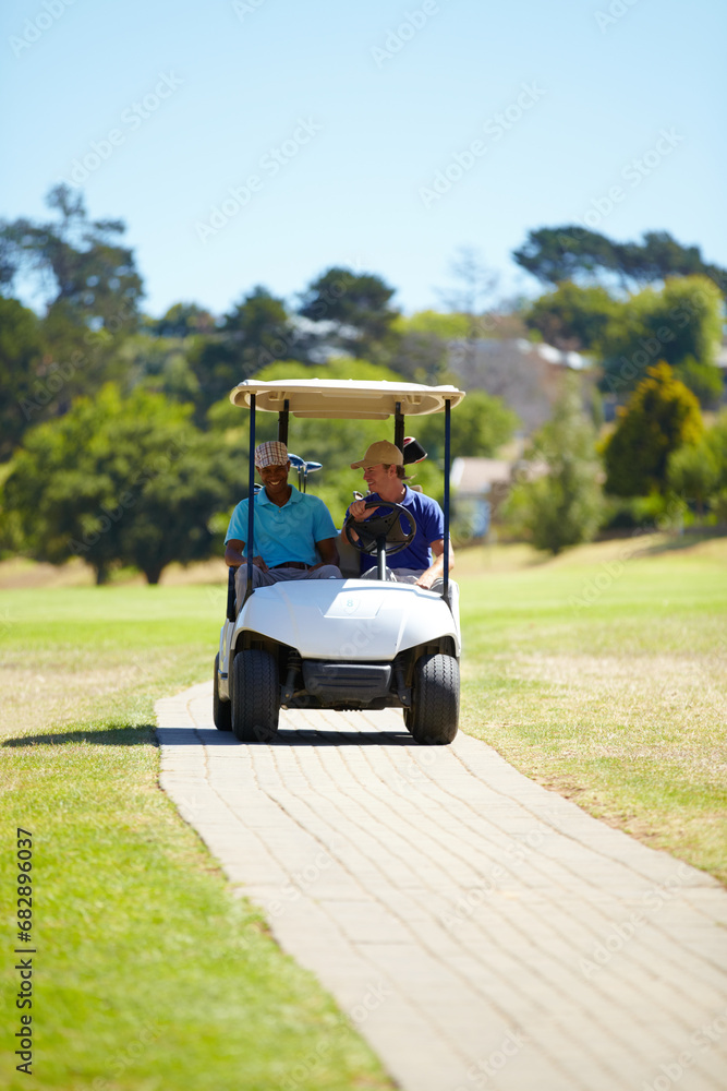 Man, friends and driving golf cart on course outdoor for sports match, golfing or exercise together. Male person, athlete or professional golfer riding to next pitch for easy transportation or game