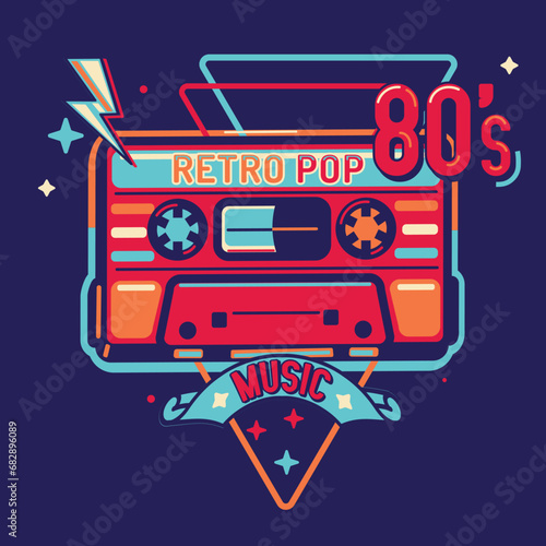 Retro pop music - colorful emblem music design with audio cassette