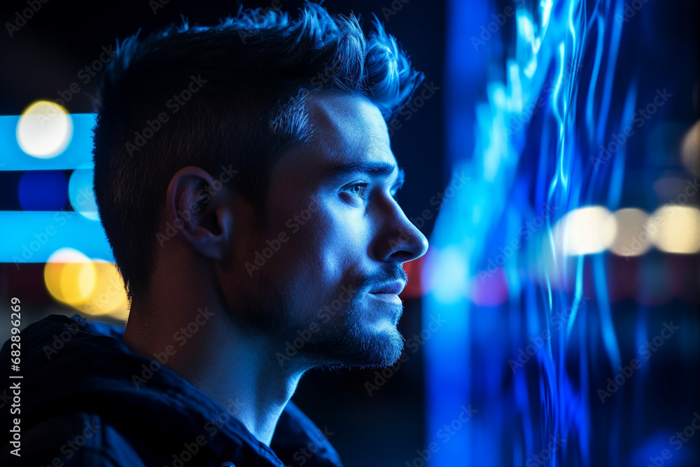 Portrait made with generative ai technology of stylish man walking city streets in neon colors illumination Portrait made with generative ai technology of stylish man walking city streets in neon colors illumination