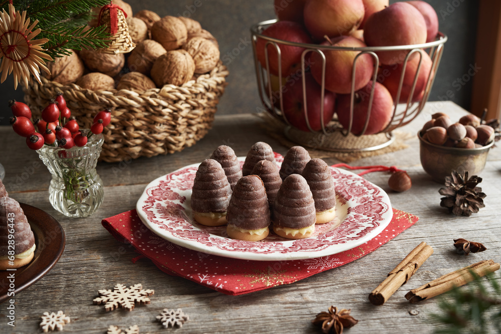 Wasp nests and beehives - traditional Czech Christmas cookies on a table Wasp nests and beehives - traditional Czech Christmas cookies on a table