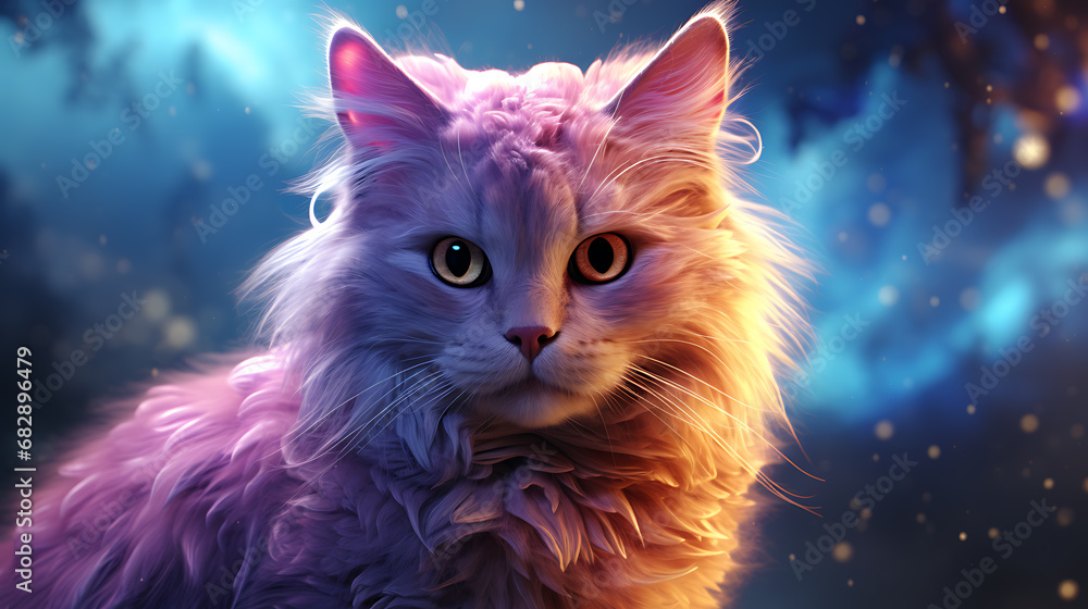 cat on Nebula galaxy background, cinematic lighning