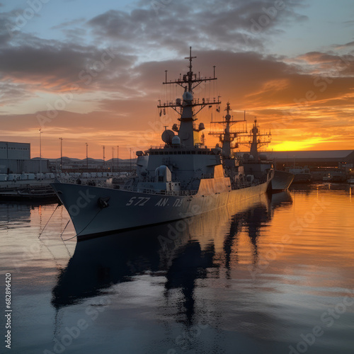  Sunset at a naval dockyard with destroyers and calm 