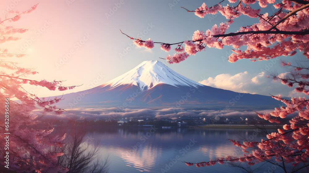 The iconic Mount Fuji standing tall against a backdrop of cherry blossoms in full bloom, a symbol of Japan's natural beauty. Ai Generated.NO.01