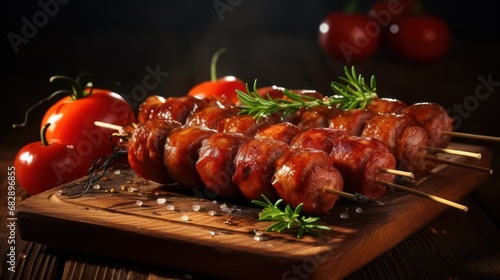 Close up view of grilled sausage, with sauce and rosemary.