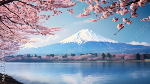 The iconic Mount Fuji standing tall against a backdrop of cherry blossoms in full bloom  a symbol of Japan s natural beauty. Ai Generated.NO.02