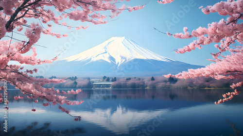 The iconic Mount Fuji standing tall against a backdrop of cherry blossoms in full bloom, a symbol of Japan's natural beauty. Ai Generated.NO.04