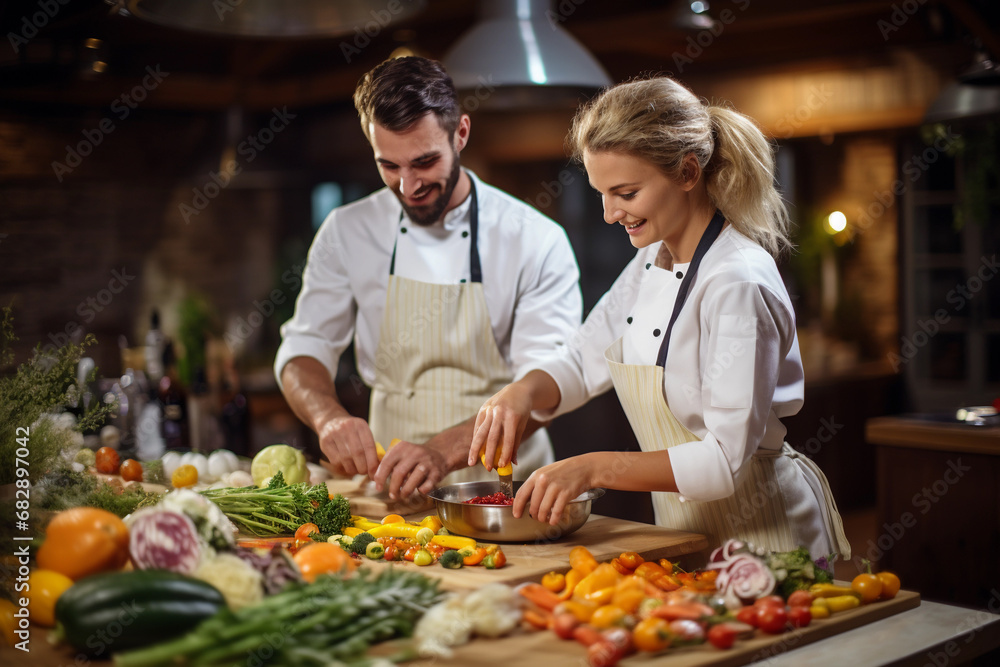 Two chefs are preparing a meal in restaurant Two chefs are preparing a meal in restaurant
