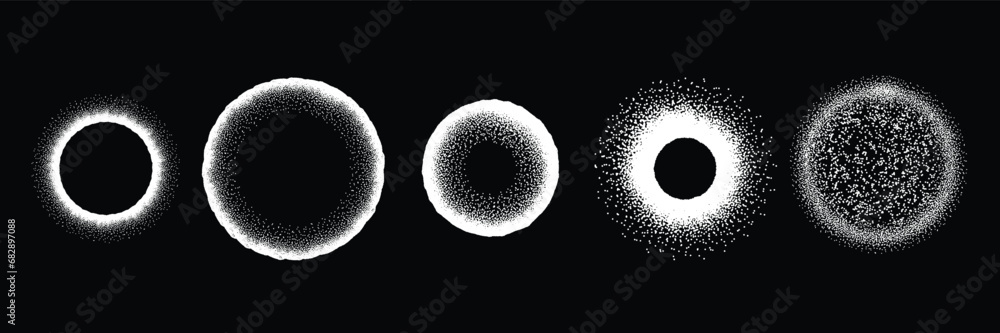 Grain circle set, vector dot noise round shapes, grunge texture abstract print kit, white sphere. Vintage halftone space planet spray element, point dust particle effect stain. Grain circle design
