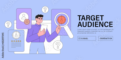 Target customer traffic concept, audience outreach and sales generation. Customer attraction campaign, accurate promo advertising and seo marketing on social media. Focus group vector illustration.