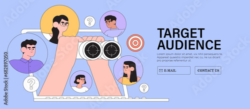 Target customer traffic concept, audience outreach and sales generation. Customer attraction campaign, accurate promo advertising and seo marketing on social media. Focus group vector illustration.