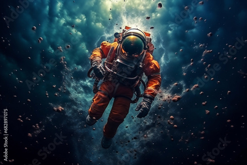 Cosmonaut in orange space suit in space