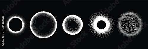 Grain circle set, vector dot noise round shapes, grunge texture abstract print kit, white sphere. Vintage halftone space planet spray element, point dust particle effect stain. Grain circle design