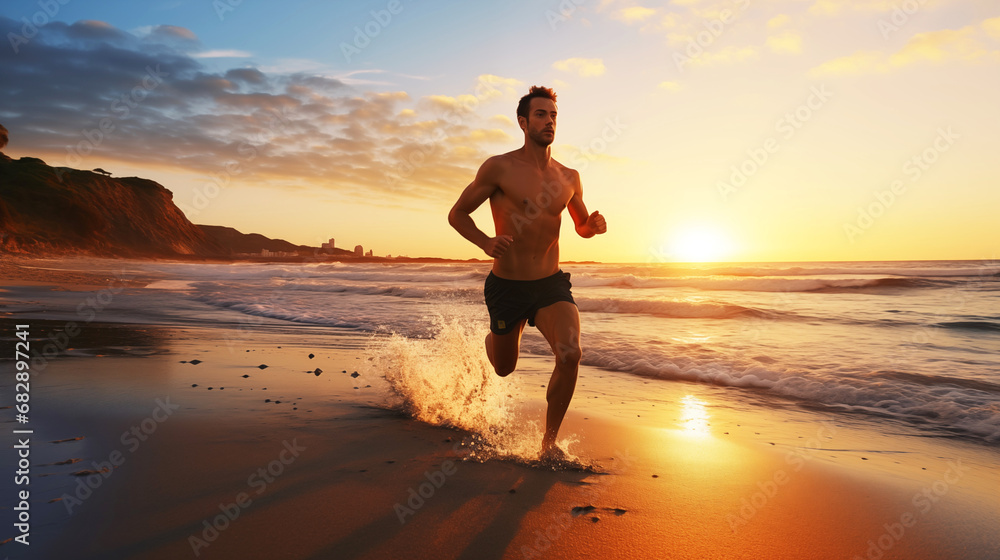 athletic man running on the beach at sunset with waves splashing and cliffs in the background