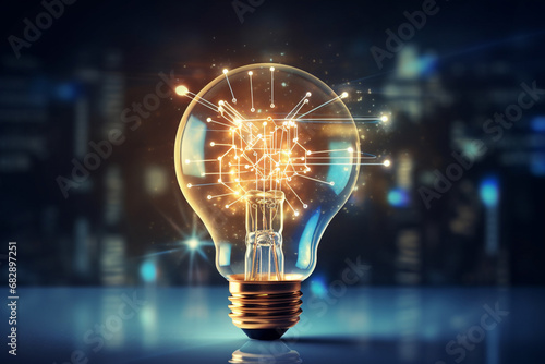 Close up of a light bulb, digital marketing creative new idea and innovation concept, isolated on a blurred background and glare light. Generative AI.