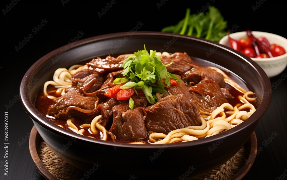 Close up View of Delicious Chinese Beef Noodle Soup in a Traditional Chinese Bowl