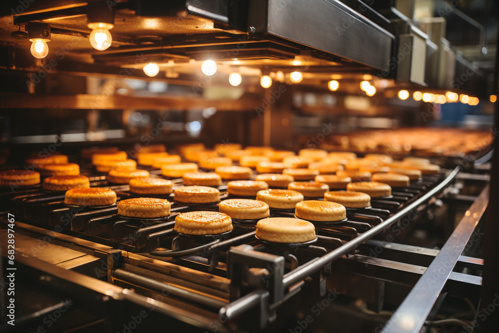Cookies on a conveyor belt, food factory operates a production line, processing sweets, bakery - obrazy, fototapety, plakaty 