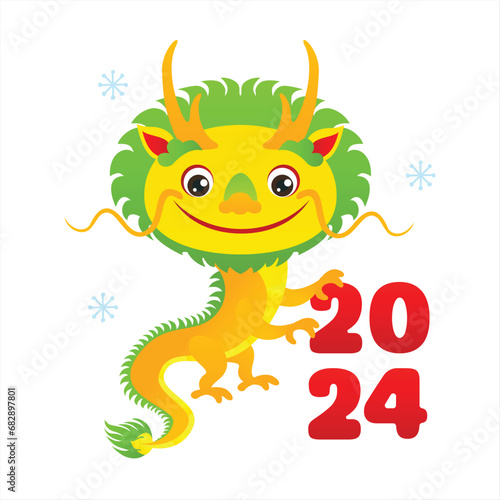Chinese dragon zodiac on white background. Cartoon cute character vector. Chinese new year 2024 element. Happy new year greeting card.