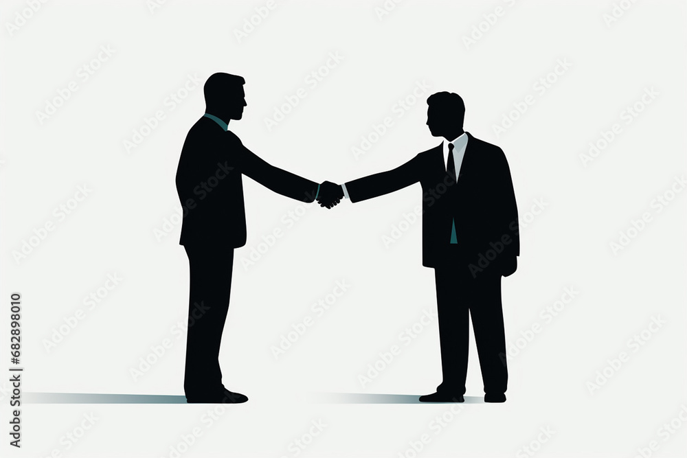 Minimal flat graphic illustration art of two businessmen in suits shaking hands at a business corporate meeting isolated on a simple background. Generative AI.