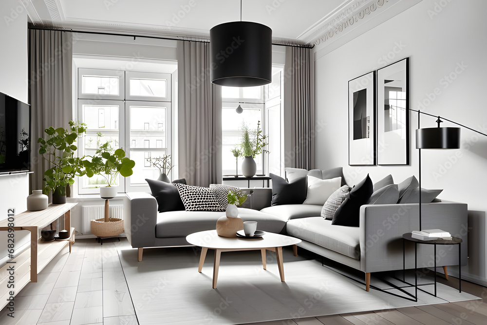 Studio apartment with white corner sofa. Scandinavian home interior design of modern living room. Generative AI