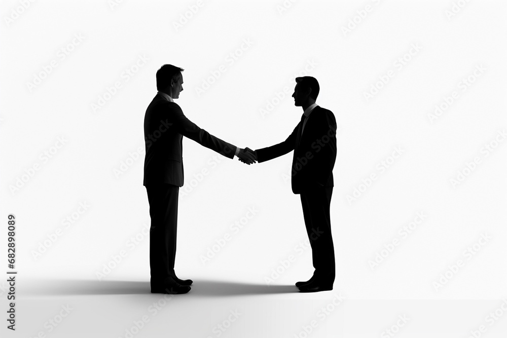 Minimal flat graphic illustration art of two businessmen in suits shaking hands at a business corporate meeting isolated on a simple background. Generative AI. Minimal flat graphic illustration art of two businessmen in suits shaking hands at a business corporate meeting isolated on a simple background. Generative AI.