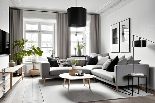 Studio apartment with white corner sofa. Scandinavian home interior design of modern living room. Generative AI © 종건 유