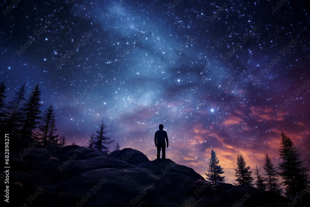 Man and the starry sky. night landscape