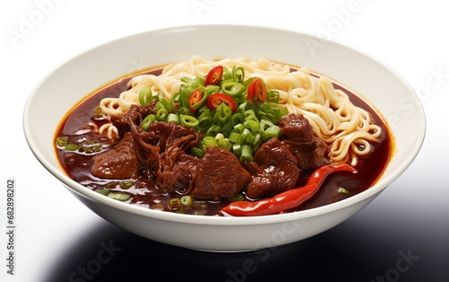 Close up View of Delicious Chinese Beef Noodle Soup in a Traditional Chinese Bowl