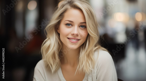 A very beautiful, slight smiling, candid, blond, and content 24-year-old woman portrait, selective focus