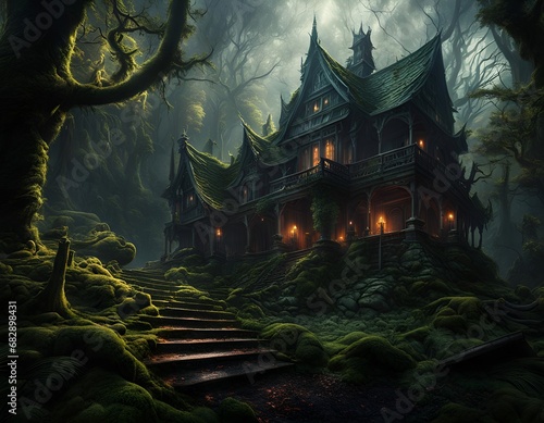 Spooky House in a dark green forest in fantasy style