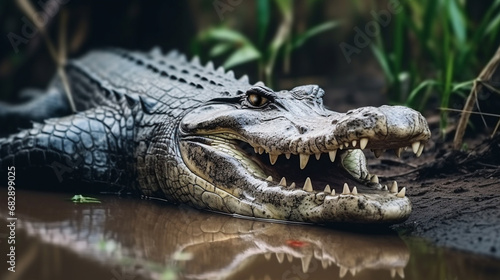 Alligator on the shore of the lake lies near the water with an open mouth in a habitat generative ai