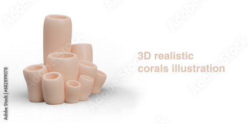 3d realistic coral illustration. Underwater sea plants in beige color. Explore underwater world concept. Vector illustration in 3d style on white background with place for text