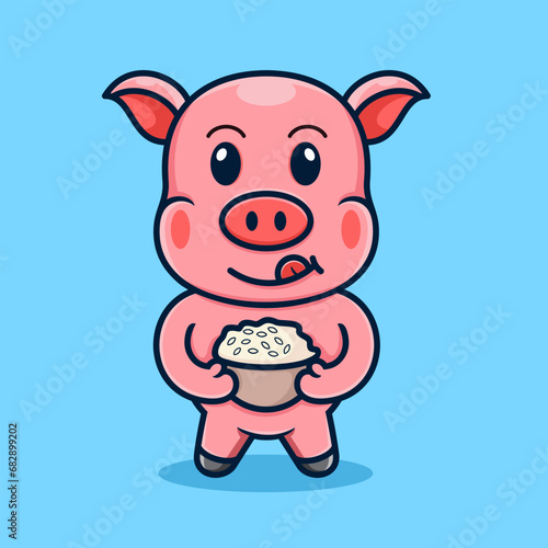 cute cartoon pig  holding a bowl filled with rice.