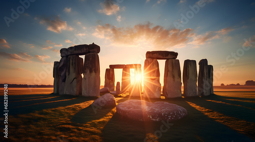 A view of Stonehenge, capturing the vastness of the surrounding landscape, as the sun sets behind the iconic stones, creating a captivating silhouette against the horizon. Ai Generated.NO.04