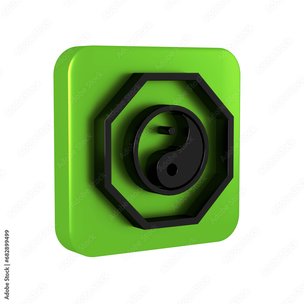 Black Yin Yang symbol of harmony and balance icon isolated on transparent background. Green square button. Black Yin Yang symbol of harmony and balance icon isolated on transparent background. Green square button.