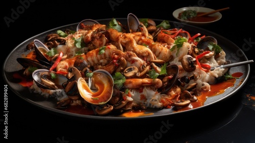 Top view of delicious shellfish seafood dish served on a plate.