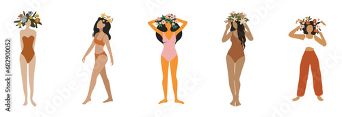 Bundle mit Gesichtslosen Frauen-Illustrationen und Blumen im Haar