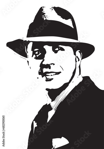 Montevideo, Uruguay; 1933: Portrait of Carlos Gardel. Black and white vector. Tango singer smiles with a hat looking at the camera. Musician Icon of South America. Historic old photography.