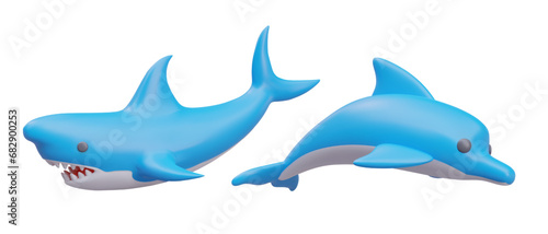 Shark and cute dolphin in blue colors. Shark fish mascot design concept. Collection of toy ocean animal. Vector illustration in 3d style on white background