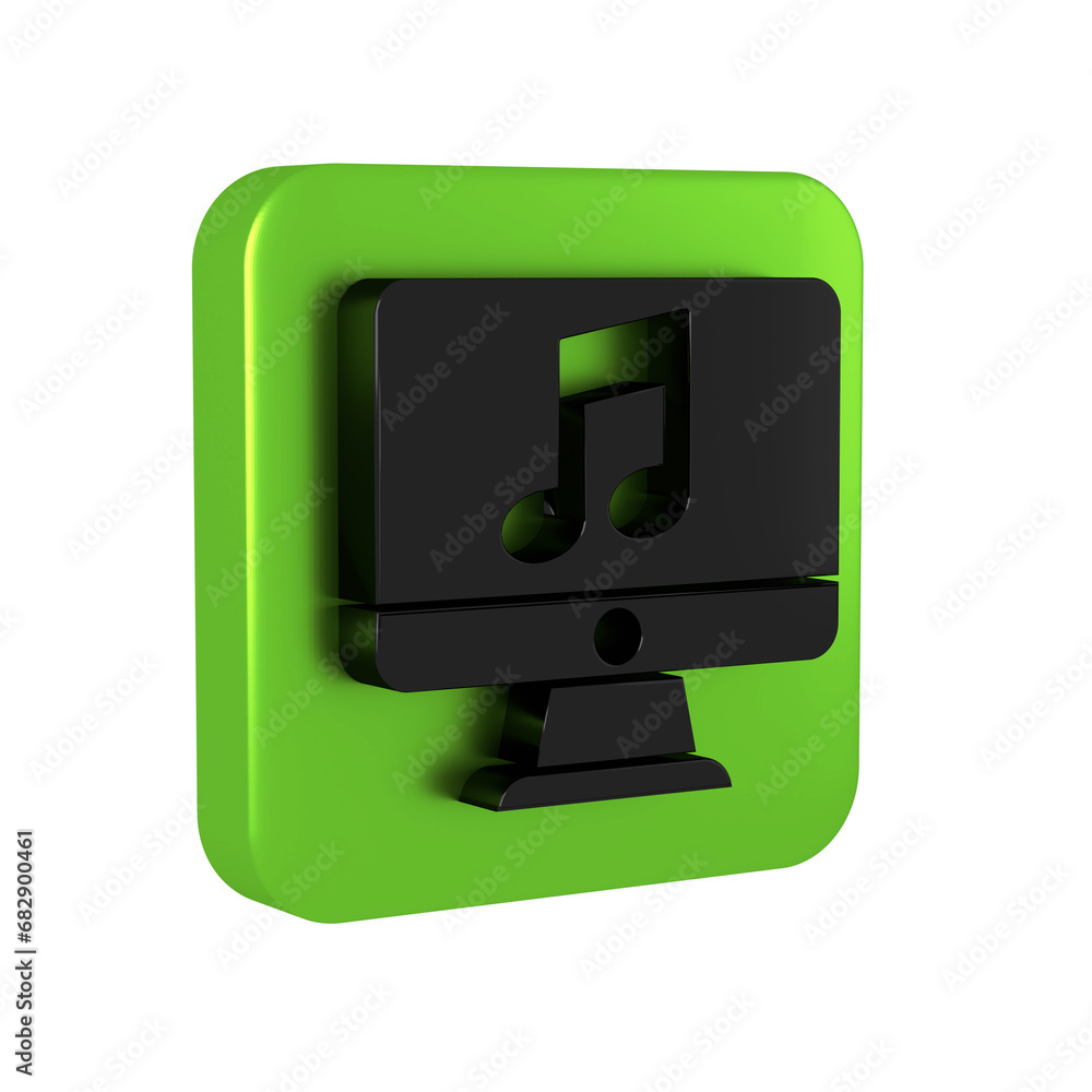 Black Computer with music note symbol on screen icon isolated on transparent background. Green square button. Black Computer with music note symbol on screen icon isolated on transparent background. Green square button.