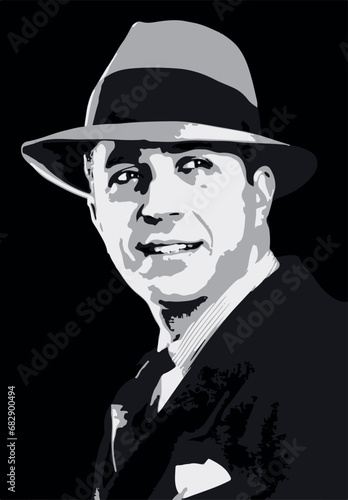 Montevideo, Uruguay; 1933: Portrait of Carlos Gardel. Black background grey vector. Tango singer smiles with a hat looking at the camera. Musician Icon of South America. Historic old photography.