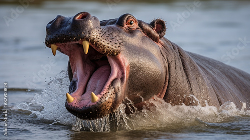 Angry hippo Hippopotamus amphibius, hippo with a wide open mouth displaying dominance. generative ai photo