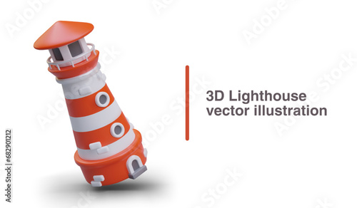 Lighthouse on white background with place for text. Tower in red and white colors with shadow, shining at night for ships. Vector illustration in 3d style