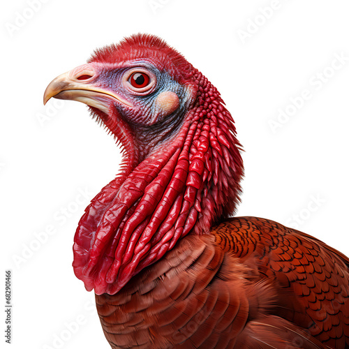 Close-up portrait of a turkey bird isolated on transparent background cutout, PNG file.