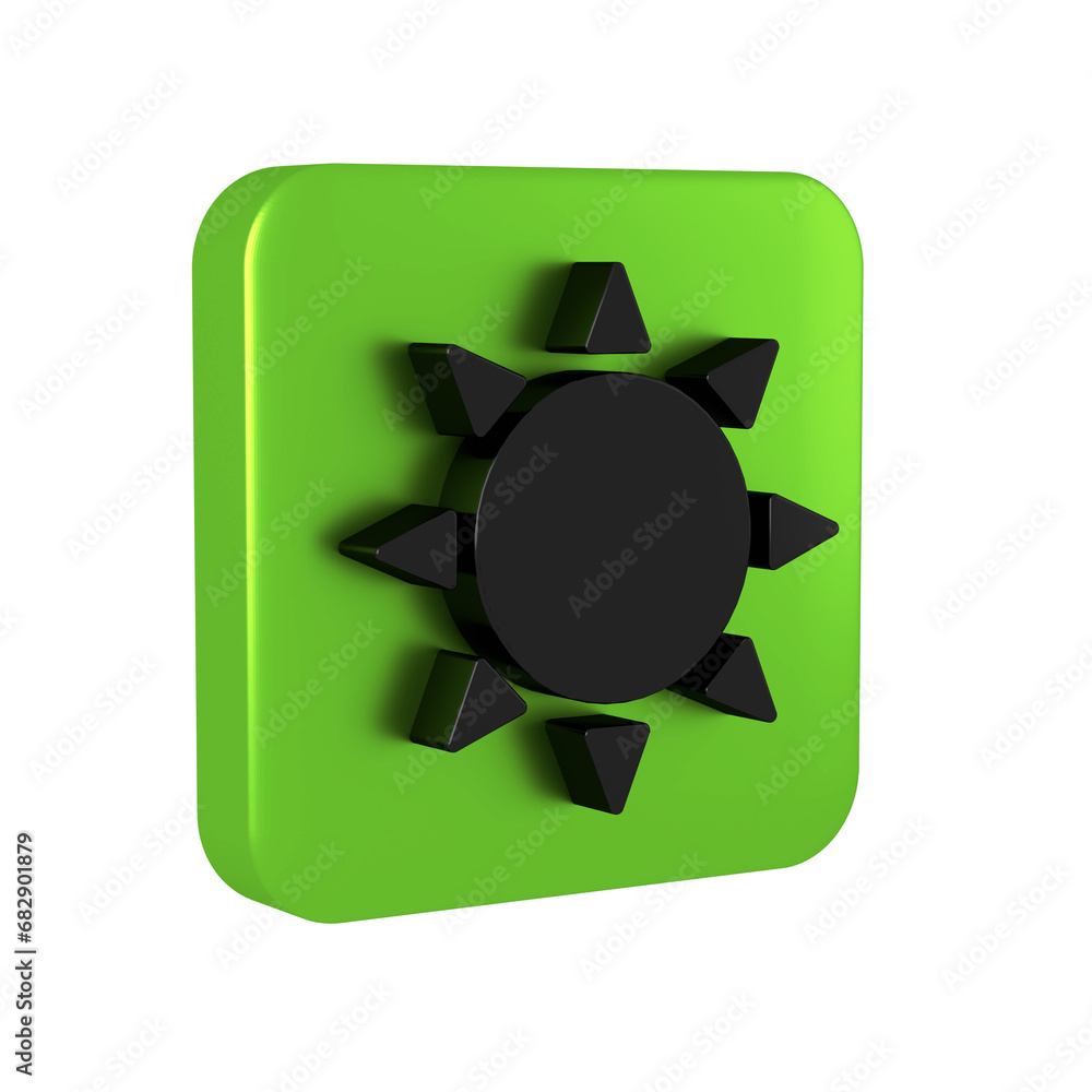 Black Sun icon isolated on transparent background. Summer symbol. Good sunny day. Green square button. Black Sun icon isolated on transparent background. Summer symbol. Good sunny day. Green square button.