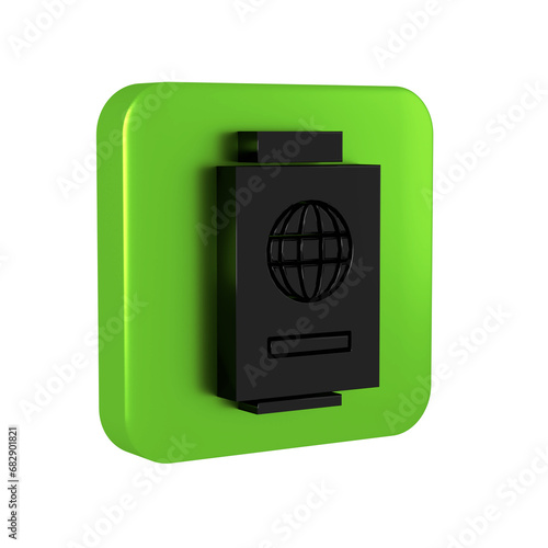 Black Passport with ticket icon isolated on transparent background. Identification Document. Concept travel and tourism. Green square button.