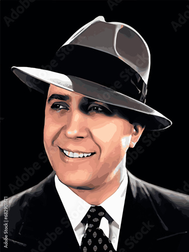Montevideo, Uruguay; 1933: Portrait of Carlos Gardel. Color vector. Tango singer smiles with a hat looking at the camera. Musician Icon of South America. Historic old photography.
